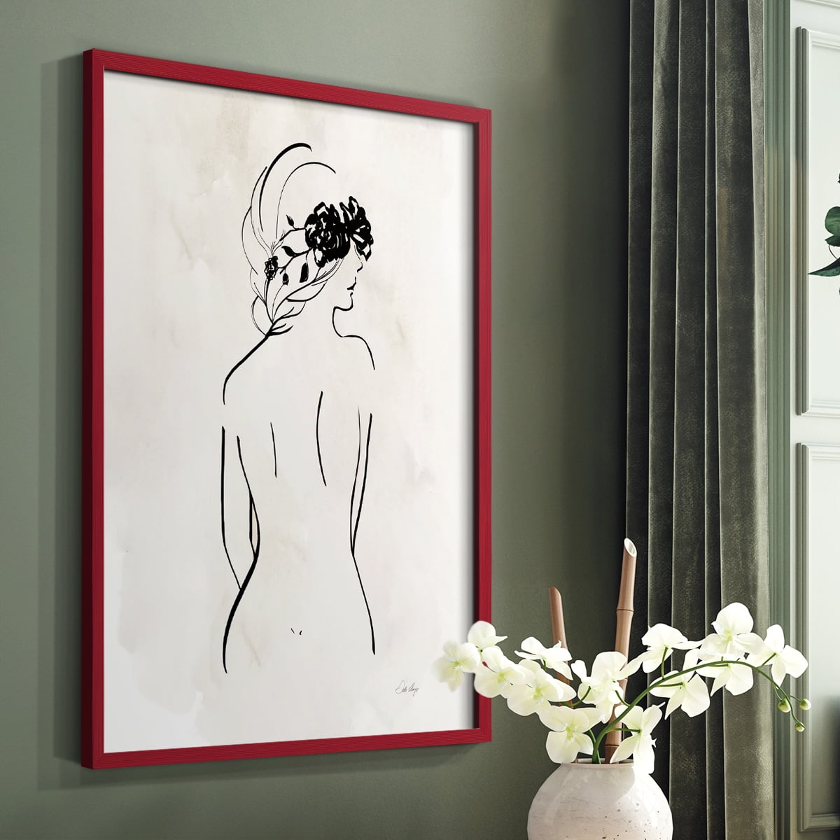 Romantic Line Art I in Red Solid Wood 11 x 14 Framed Print