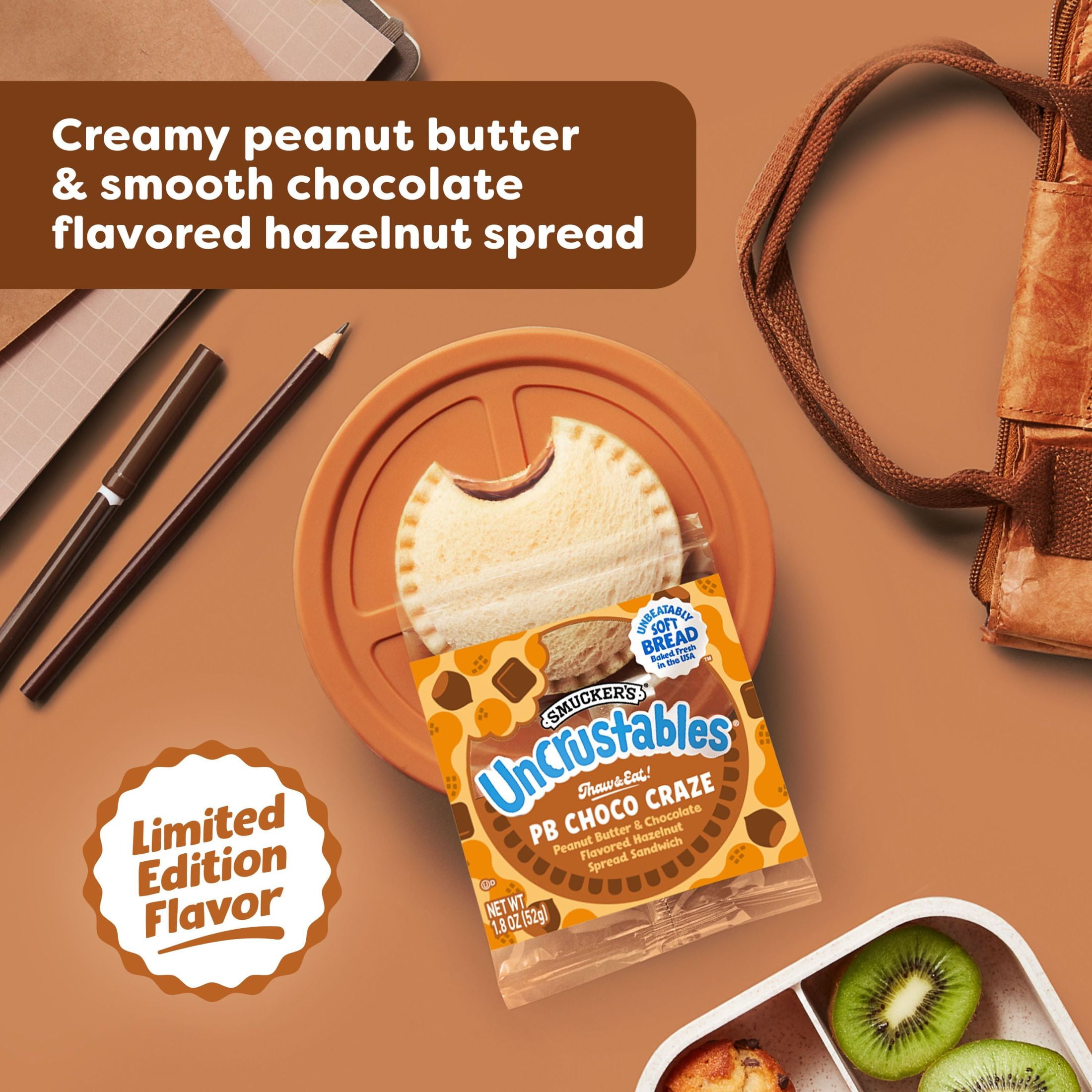 Smucker’s Uncrustables Peanut Butter and Chocolate Flavored Hazelnut Spread Sandwiches, 4 Count, 1.8 oz Each, Frozen, Limited Time Only
