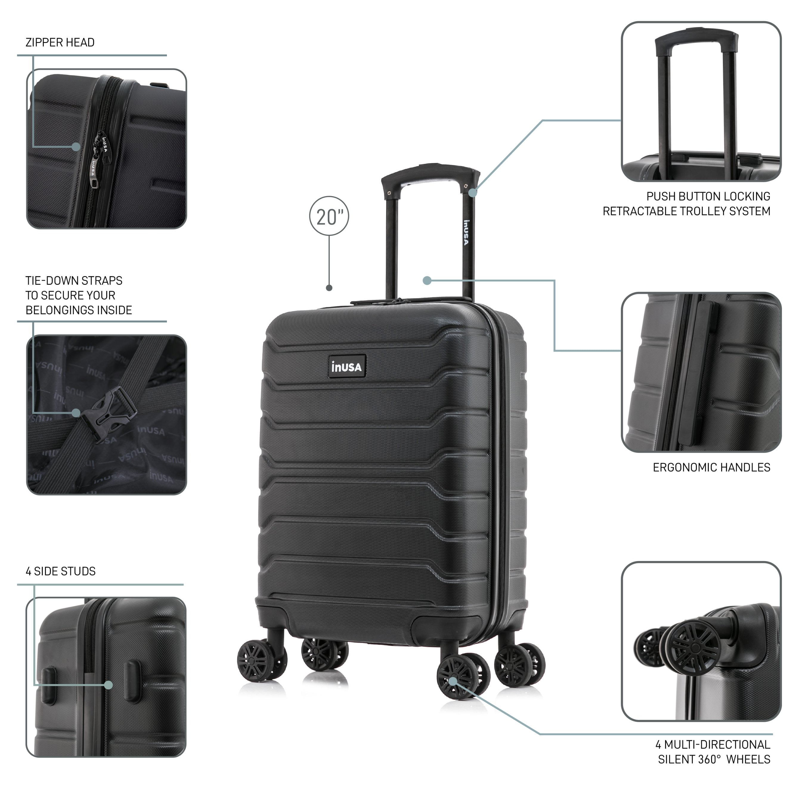 InUSA Trend 20" Hardside Lightweight Luggage with Spinner Wheels, Handle, and Trolley, Black