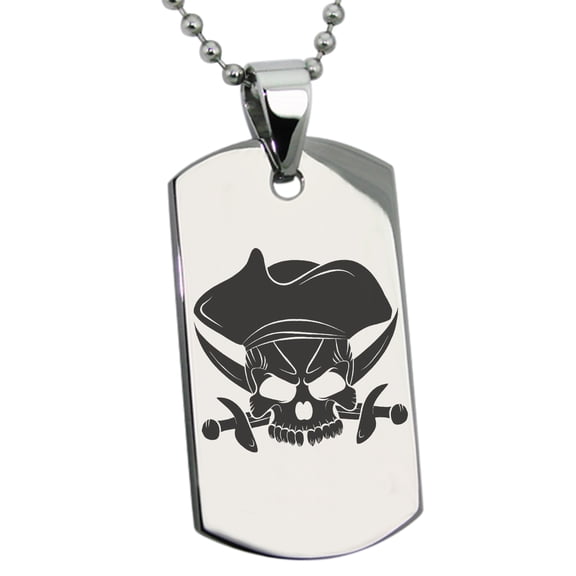 Stainless Steel Pirate Skull & Cross Swords Engraved Dog Tag Pendant Necklace