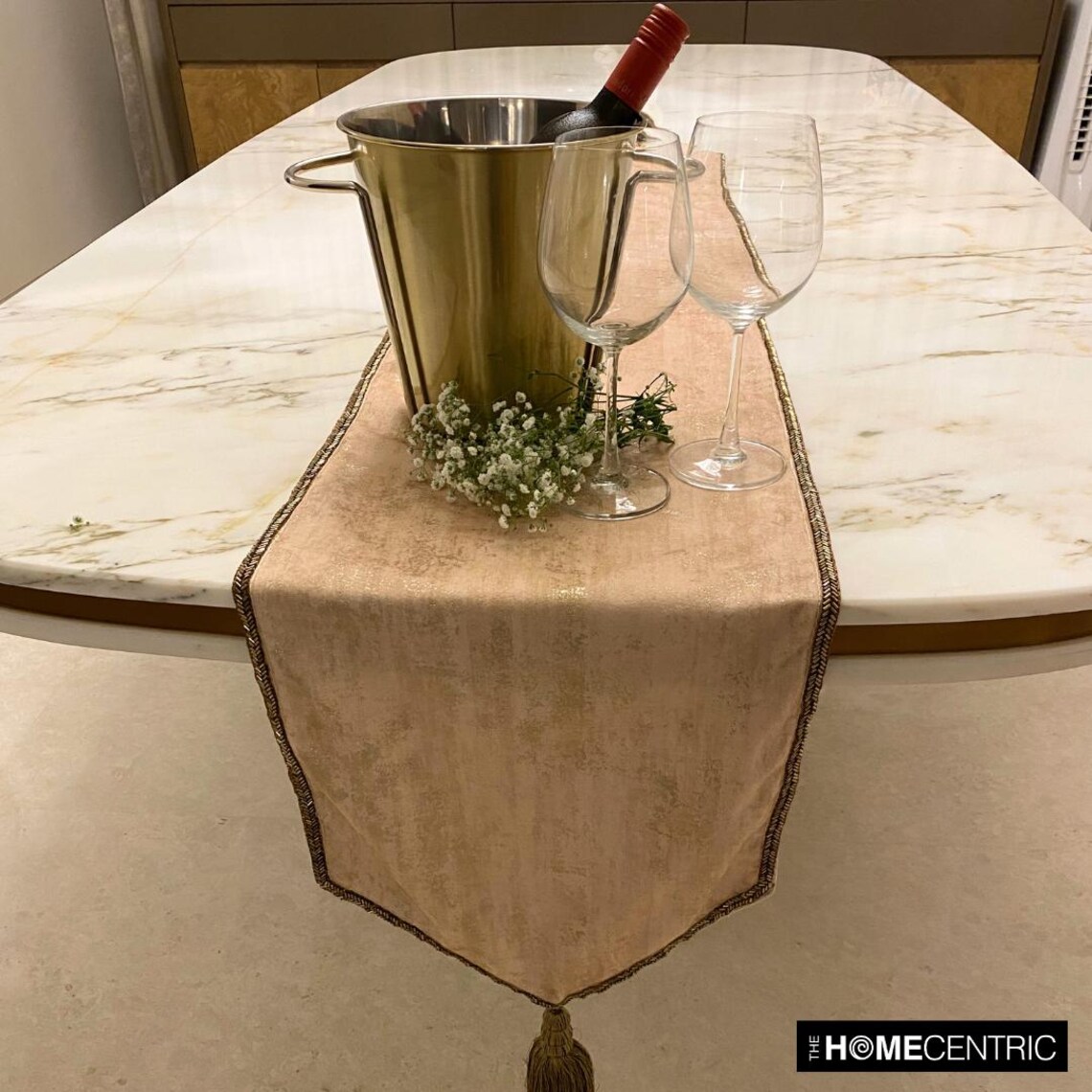 The HomeCentric Luxury Ivory Table Runner 8 - 10 Seater Table Runner (14 x 120 inch) Foil, Tassels, Suede fabric Table Linen, Abstract Pattern Modern Style - Shimmer Fest Ivory