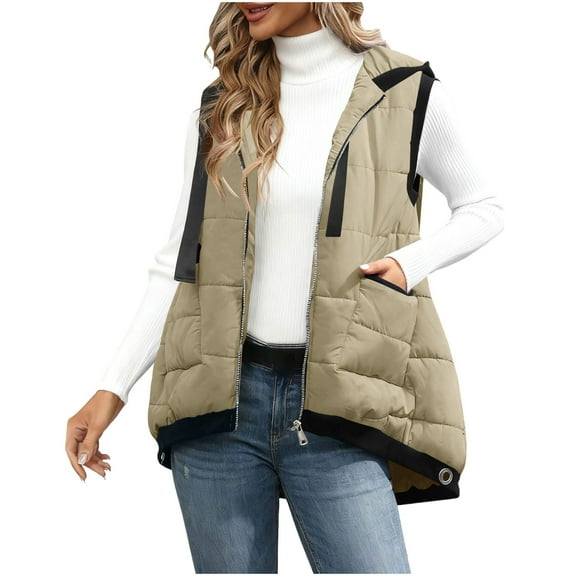 Fnooota Womens Puffer Vests, Quilted Sleeveless Zip up Lapel Collar Winter Vests Outerwear Beige Size S-2XL