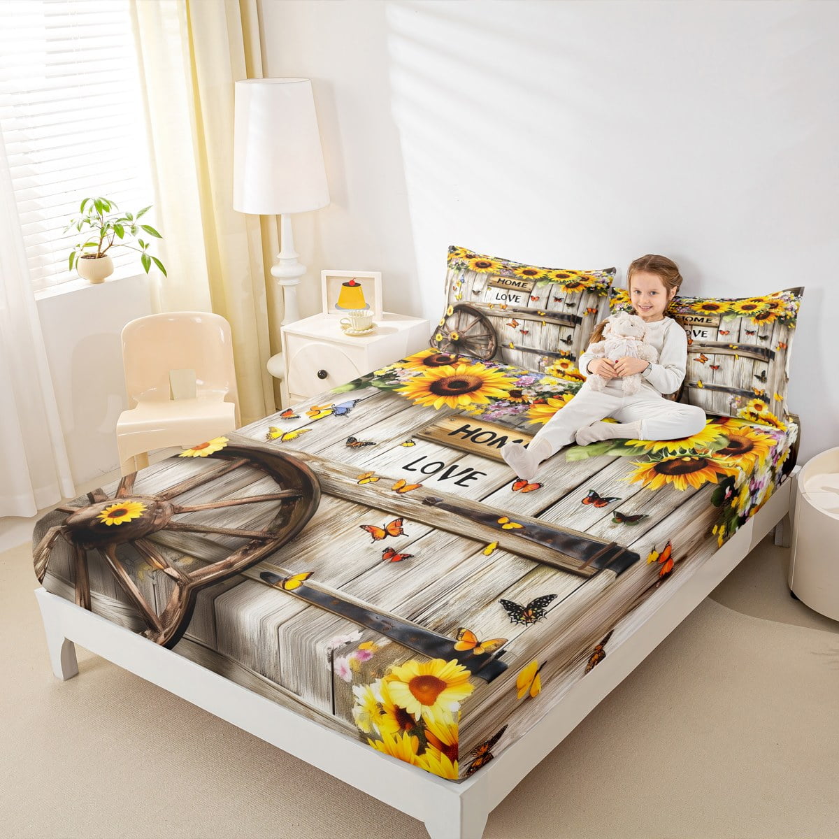 Homewish Vibrant Sunflower Floral Twin Sheet Sets for Kids, Rustic Wooden Plank Twin Fitted Sheet, Cartoon Butterfly Flat Sheet, Super Cozy Room Decor, 3 Pieces