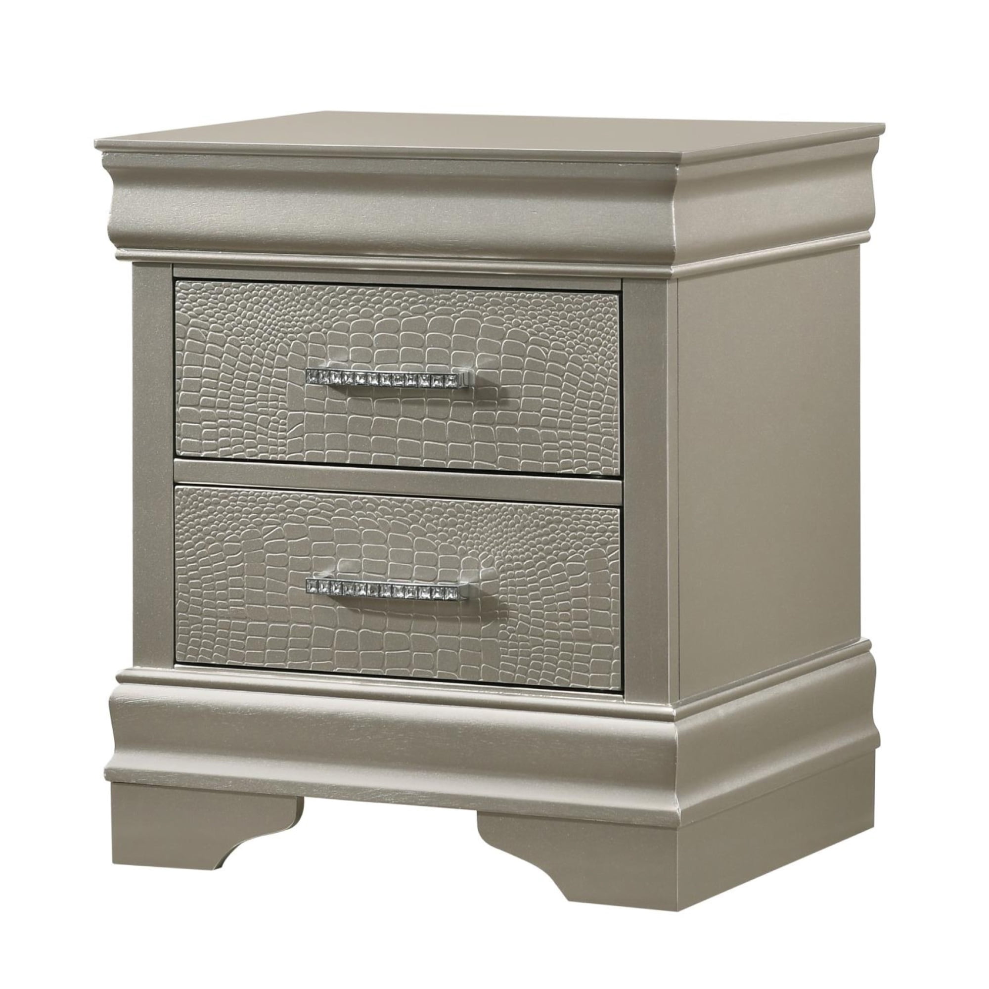 2 Drawer Wooden Nightstand with Faux Crystal Accent Pull Handles
