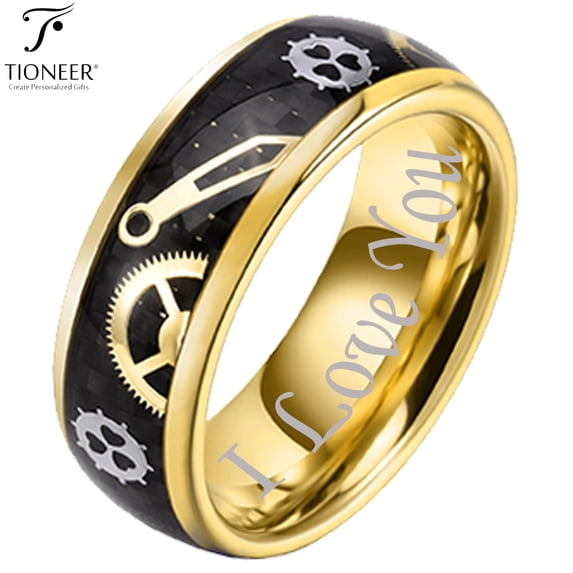 8mm Yellow Gold Plated Tungsten Carbide Wedding Band with Steampunk Gear Wheels Carbon Fiber Inlay w/ FREE Engraving Options