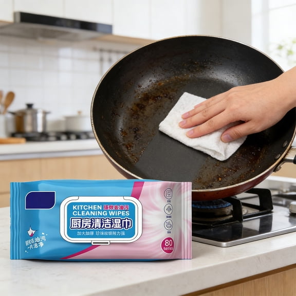Weloille Kitchen Stain Remover Wet Wipes, 80 Sheets per Pack, Heavy Duty Grease Dissolving Wipes, Gentle Non-Corrosive for Countertop Stove Cookware Range Hood Cleaning
