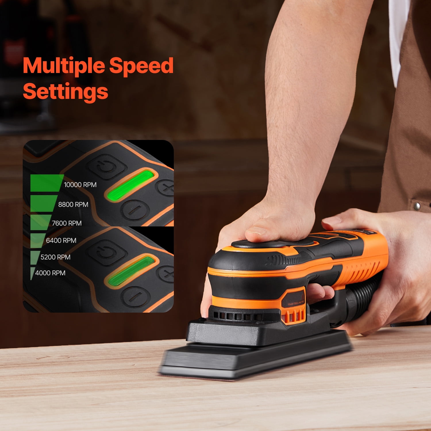 KFFKFF Orbital Sander, 3/8 Sheet 3A EC Brushless Sander, Up to 10000RPM Adjustable Speed Sheet Polishing Sander with 10PCS Sanding Sheets and Dust Extraction Adapter for Carpentry