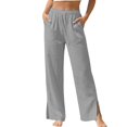 thumbnail image 3 of Women's Cotton Blend High Waist Wide Leg Pants, Loose Straight Casual Pants with Tummy Control, Soft Stretchy Fabric, Relaxed Fit Trousers for Office, Lounge, | TruHer,Gray M, 3 of 9