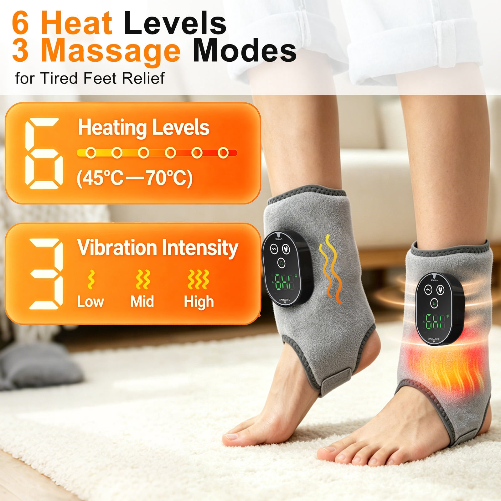 Cordless  Foot Ankle Heating Pad with 6 Heat Settings& 3 Vibration Modes , 20/35/45 Minutes Timer 3000mAh , 1pc