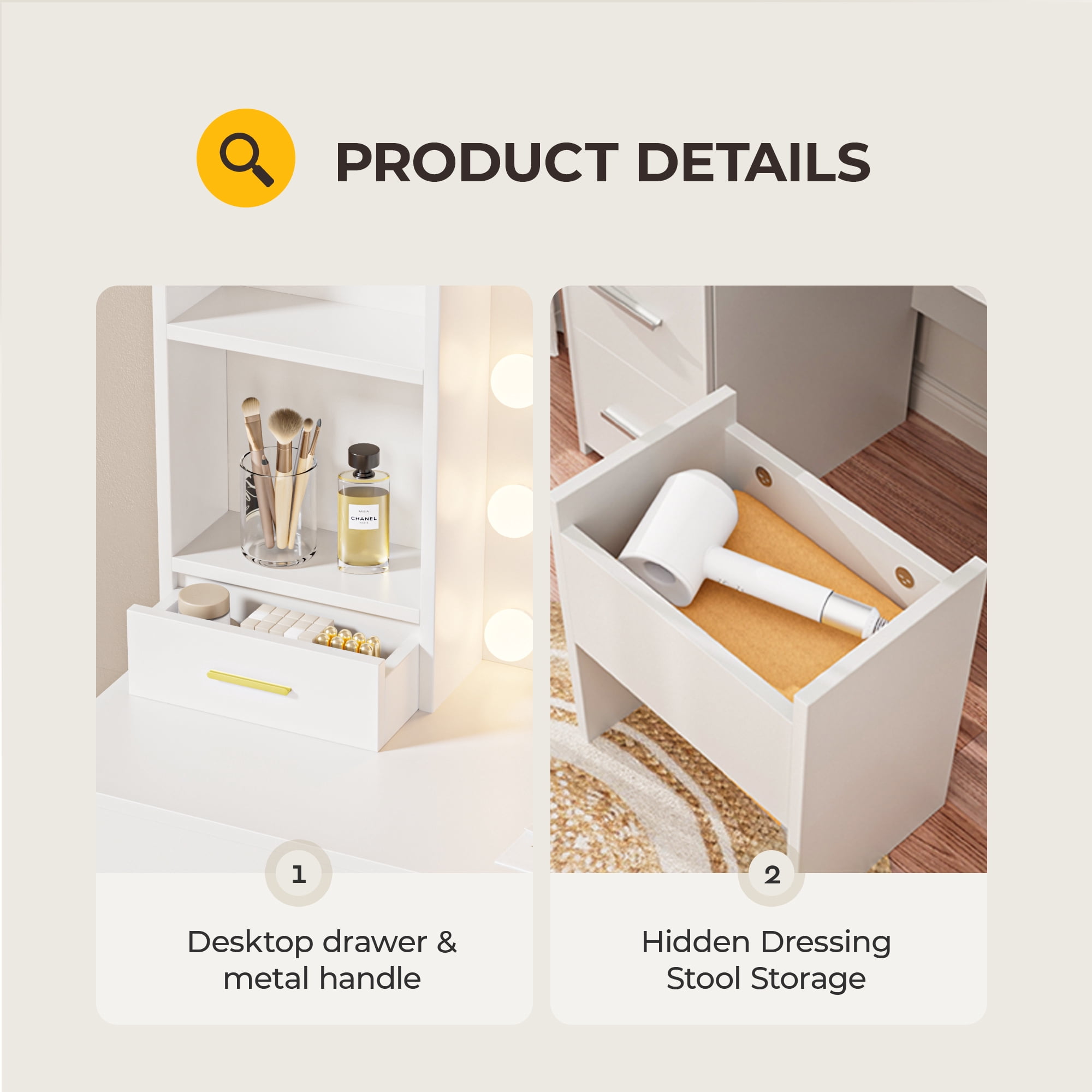 Furnivado Vanity Desk with LED Lighted Mirror, 3 Adjustable Lighting Makeup Vanity Desk with 3 Storage Shelves, 5 Large Drawers and Storage Stool, Vanity with Power Outlet for Bedroom, White
