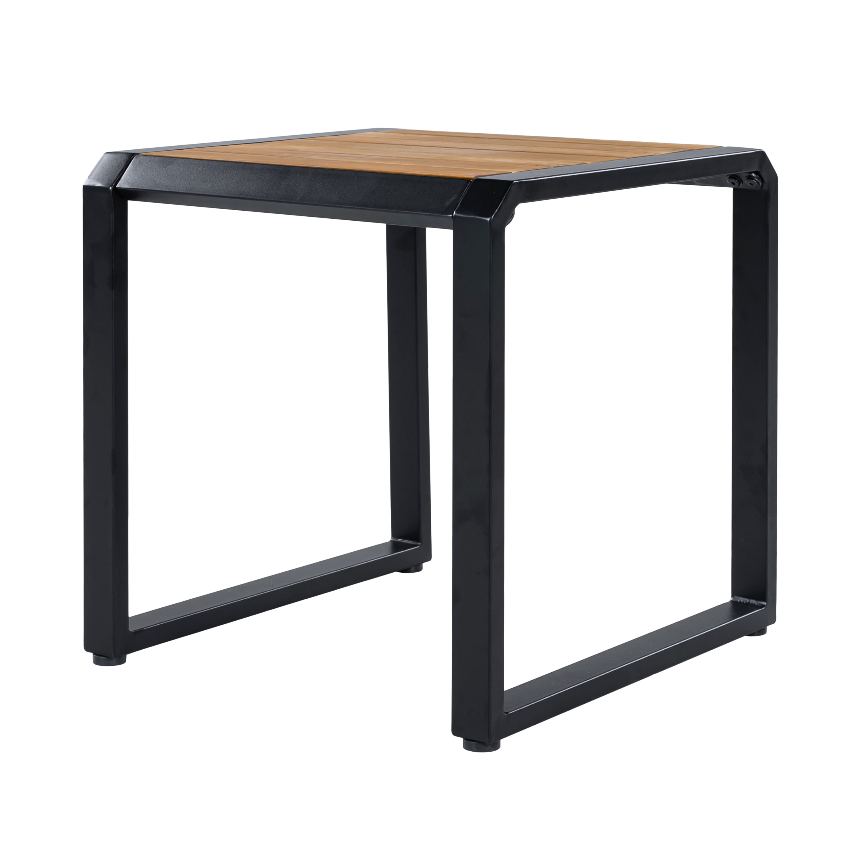 Outdoor Side Table 18.11 Inch, Patio Accent Table with Teak Wood Top and Black Metal Frame, Small End Table for Porch and Poolside, Black and Teak