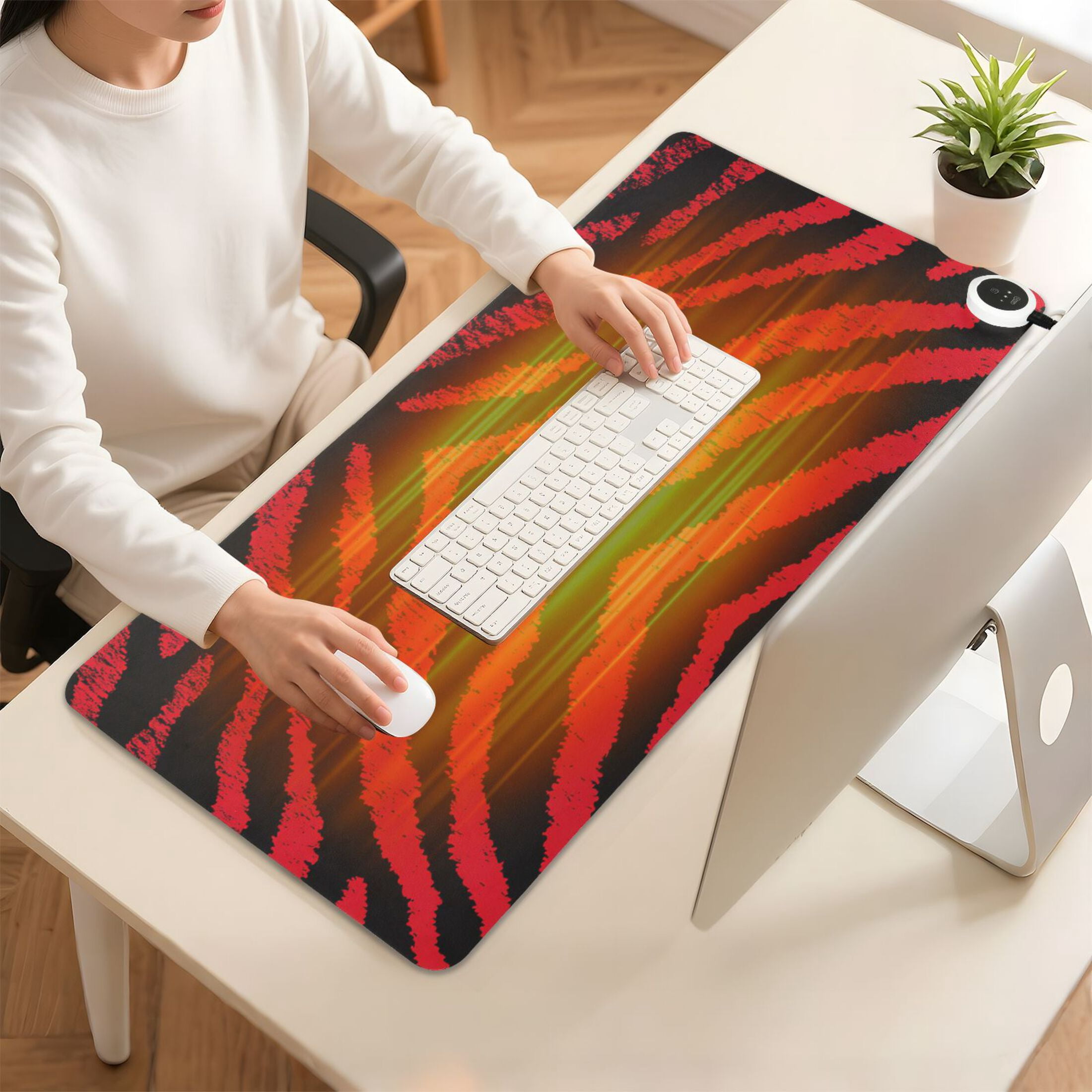 Large Heated Desk Mat Mouse Pad 31.5"x13"PU Leather Graphene Heating Desk Warmer with 3 Temperature Settings 110V US Plug Non-Slip Warm Pad for Home, Office, and Gaming Bold Crimson Chevron Pattern