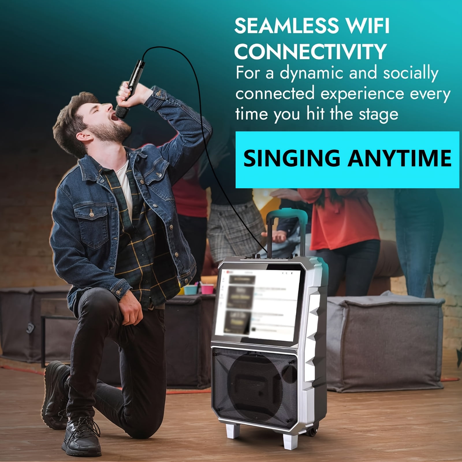Lohoms Portable Karaoke Machine with Lyrics Display Screen, 8" Subwoofer, Built-in Tablet, Rechargeable Wireless Speaker with One Mics & DJ Lights, Gift for Adults, Family & Holiday Parties