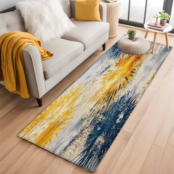 Yellow Blue Shabby Kitchen Runner Rug 2x6 Washable Runners for Hallway Non Slip Abstract Modern Artwork Large Area Rug Indoor Floor Carpet for Bathroom Laundry Entryway Bedroom Living Room