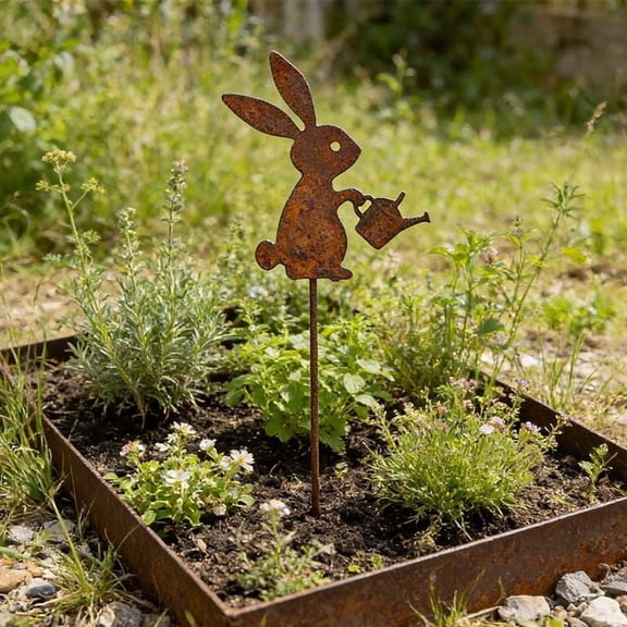 Rusted Metal Bunny Garden Stakes - Outdoor Easter Planter Decor with Weather-Resistant Iron for Spring and Year-Round