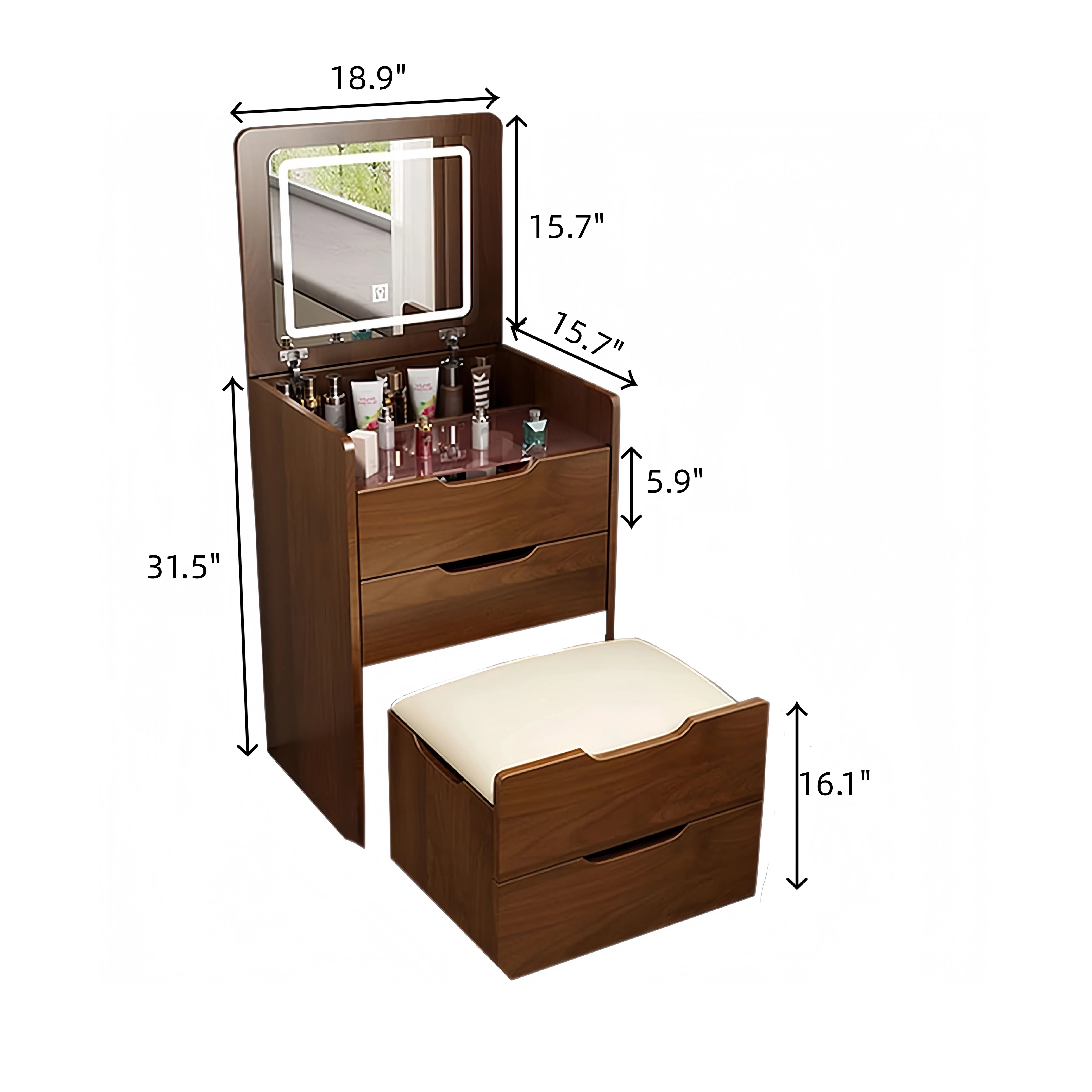 Miniyam Vanity Desk with Lighted Flip Mirror, Drawers & Stool, Makeup Table for Adults, Walnut