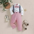 thumbnail image 2 of Otqutp Casual Bodysuits for Baby Boys Pants Sets Toddler Gentleman Outfits Long Sleeve Dress Shirt + Suspenders Pants + Bow Tie 6M-5 Years(Pink-A,6-12 Months), 2 of 9