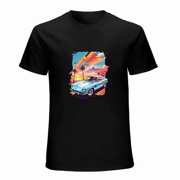 Sunrise Retro Car Graphic Design Short Sleeve Colorful Sky Summer Beach T-shirt Tee Trendy Slim Fit Top