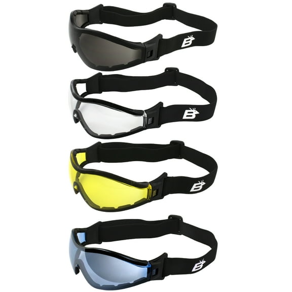 Birdz Eyewear Boogie Motorcycle & Skydiving Goggles 4 Pairs Padded Black Frame with Clear Smoke Yellow Blue Mirror Lenses