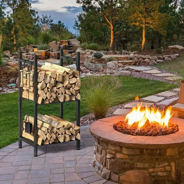 Firewood Rack Holder Indoor Outdoor Firewood Storage Stand with Kindling Holder 4 Hooks Perfect for Fireplace Patio Fire Pit Stove Accessories Walmart Business Supplies