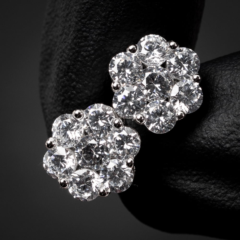 White Gold Plated 925 Sterling Silver Screw Back Post Women’s Men’s Iced CZ Round Flower Cluster Circle Hip Hop  Cubic Zirconia Stud Earrings