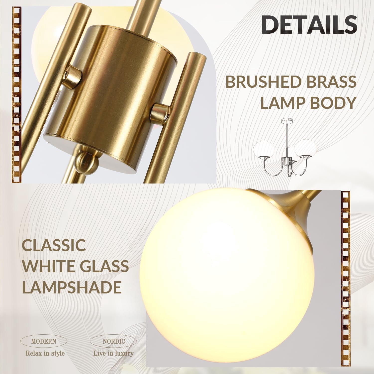 KCO Lighting 3 Light Vintage Gold Chandelier Milk Glass Globe Chandeliers Dining Room Kitchen