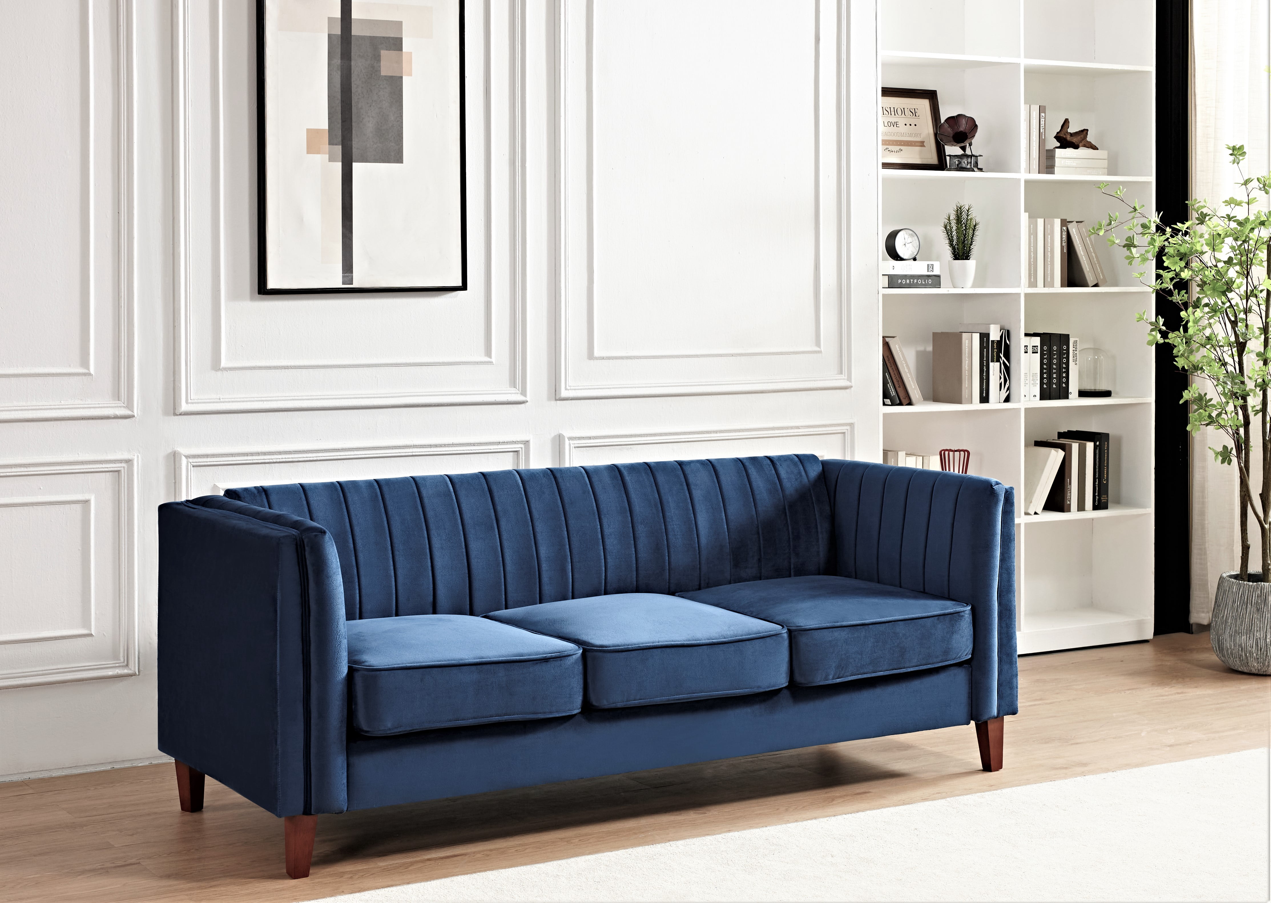 Uspridefurniture Plainfield Line Tufted Square Design velvet Sofa -Blue