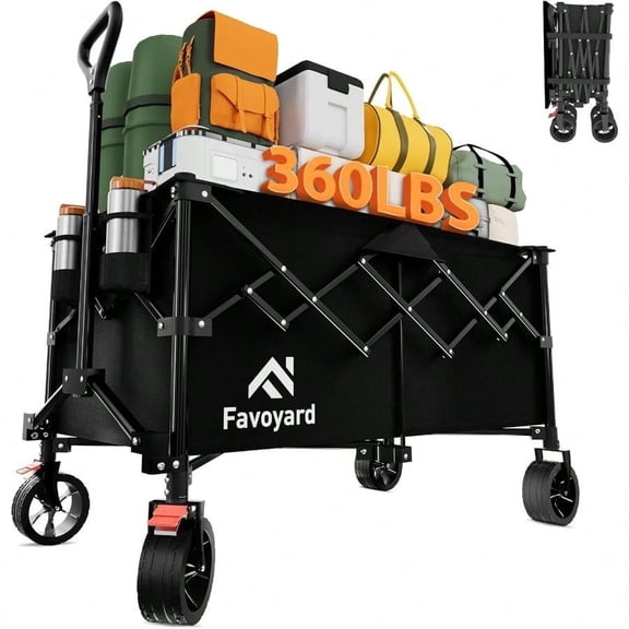 Extra Large Collapsible Wagon Carts Foldable 360LBS Heavy Duty Beach Wagons with Big Wheels Brakes Portable Folding Cart for Shopping Grocery Utility Sports Garden Camping Outdoor Black