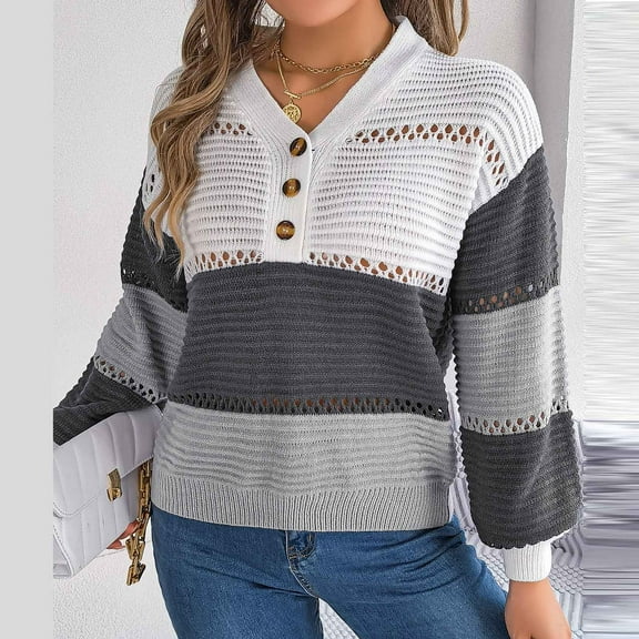 FDGIU Women's V Neck Sweater 2025 - Cable Knit Lantern Sleeve Pullover, Oversized Contrast Striped Top, Casual Fall Fashion Sweater