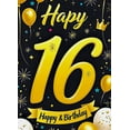 thumbnail image 4 of Black Background Golden Theme 16th Birthday Banner Happy Birthday Party Decorations Backdrop Photo Booth Props Balloon Crown Stars Party Supplies, 4 of 7