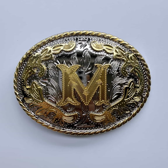 Bright Silver With Gold Initial Letter M Cowboy Cowgirl Oval Western Belt Buckle