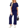 thumbnail image 2 of Women's 2 Piece Sets Summer Lounge Travel Outfits Short Sleeve Tops Wide Leg Airport Casual Trendy Sweatsuits Dark Blue L, 2 of 7