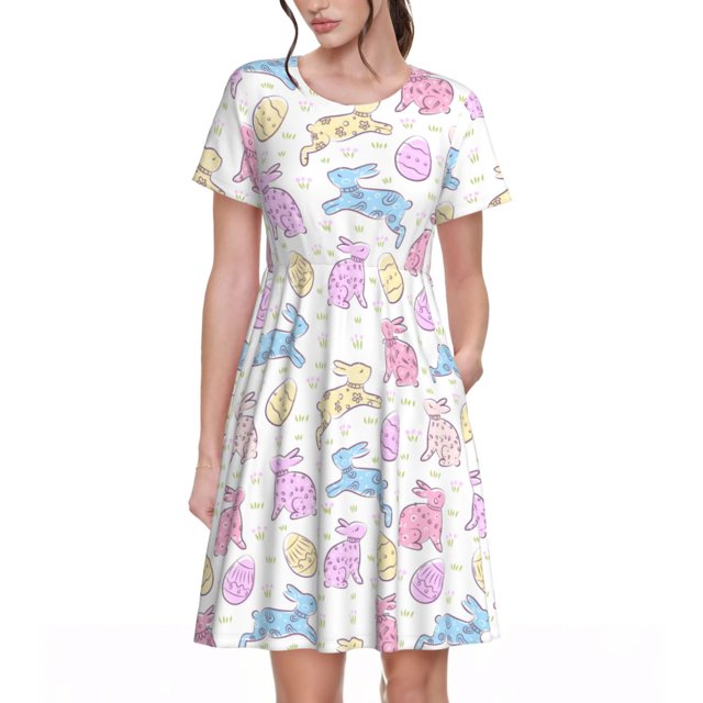 Disketp Easter Colorful Rabbit para Vestido de Manga Corta para Mujeres, Vestidos de Verano para Mujeres, Casual y Holgado para la Playa