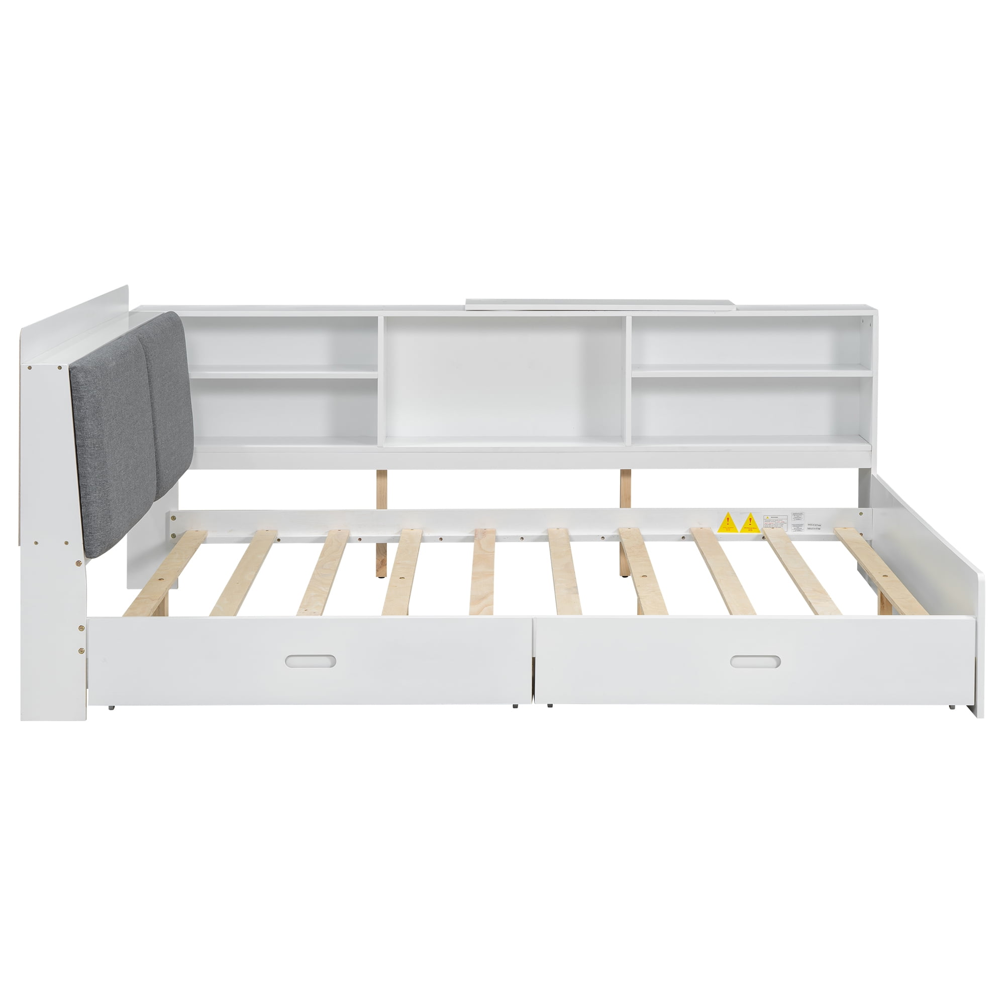 Euroco Wood Full Size Platform Bed with Storage Headboard and Drawers, Movable Shelves, White