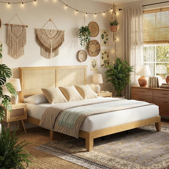 Rattan Bed Frame King Size with Natural Rattan Headboard & LED Lights, Wood King Bed Frame with Solid Wood Foundation, No Box Spring Needed, Natural
