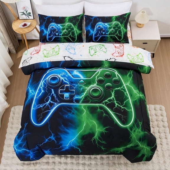 NTBED Gaming Bedding Set Twin, 3D Game Controller Design Twin Comforter, Gamer Themed Bedding Set for Boys, Suitable for All Seasons(Blue Green)