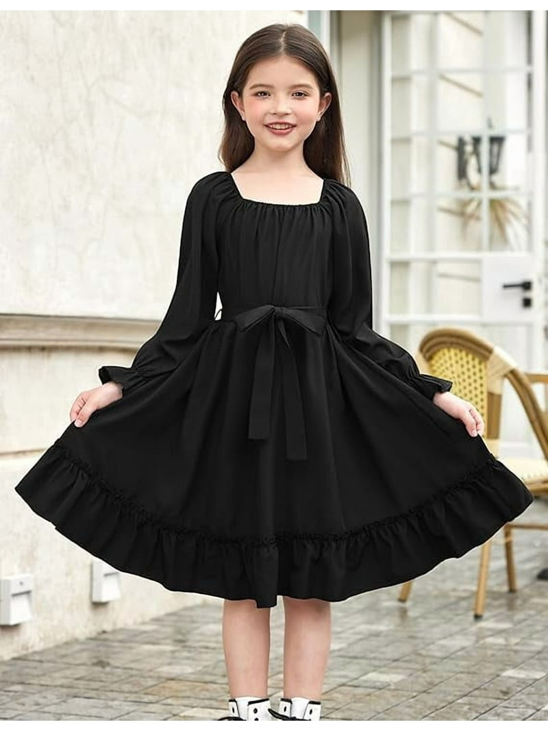 Oudiya Girls Long Sleeve Fall Dresses Formal Party Holiday Swing Flowy Ruffle Midi Dress, 5-13y, Girl's, Size: 7-8Y, Black