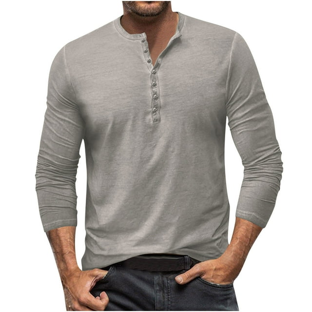 Wolfast Chemise à Manches Longues pour Homme, Chemisiers Unis à Demi-Boutonnage, Coupe Ajustée, Col Ras du Cou, Hauts Décontractés, Gris, TTG