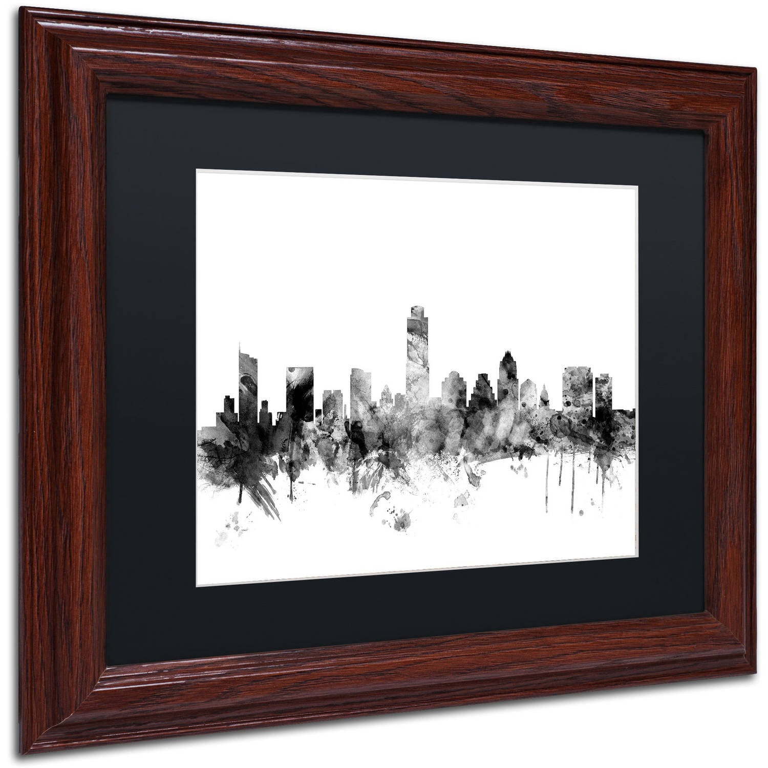 Trademark Fine Art "Austin Texas Skyline B&W" Canvas Art by Michael Tompsett, Black Matte, Wood Frame