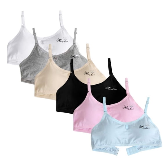 Hotiary 10-16Y Teen Girls Adjustable Strap Cotton Bras Preteen Girl Wireless Padded Sports Training Bras, Pack of 6