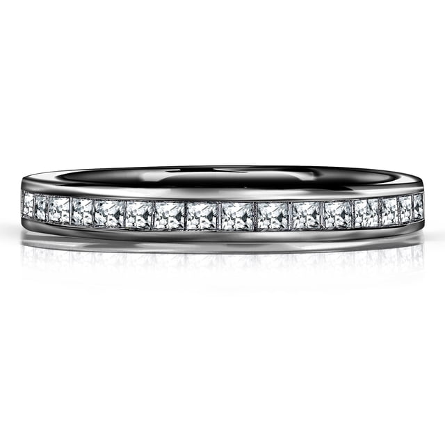 JeenMata Alianza de Bodas de 0,25 Quilates con Piedra Natal de Abril en Corte Princesa: Banda con Canal Pavé, Baño de Oro Negro de 18 K sobre Plata