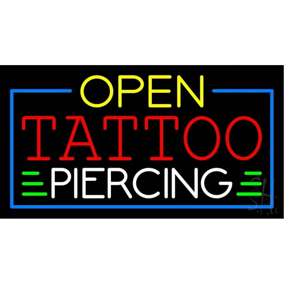Open Tattoo Piercing Blue Border LED Neon Sign 13" Tall x 24" Wide - inches Black Square Cut Acrylic Backing, with Dimmer - Premium built indoor Sign for Storefront, Store interior, Studio.