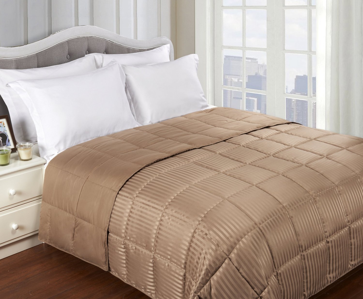 Reversible Solid and Stripes Lightweight Microfiber Comforter Blanket