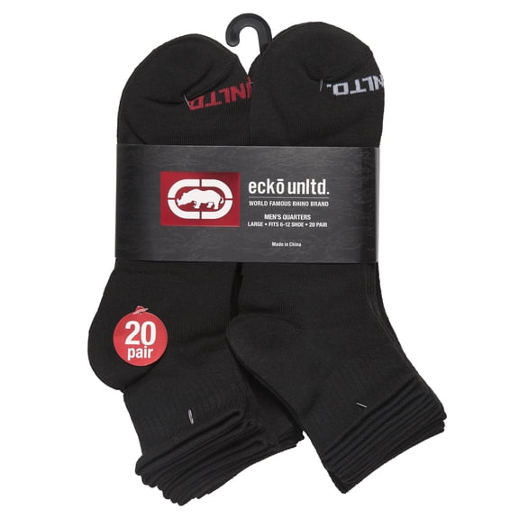 Ecko Unltd. Men's Quarter Athletic Socks 20-Pairs (Black)