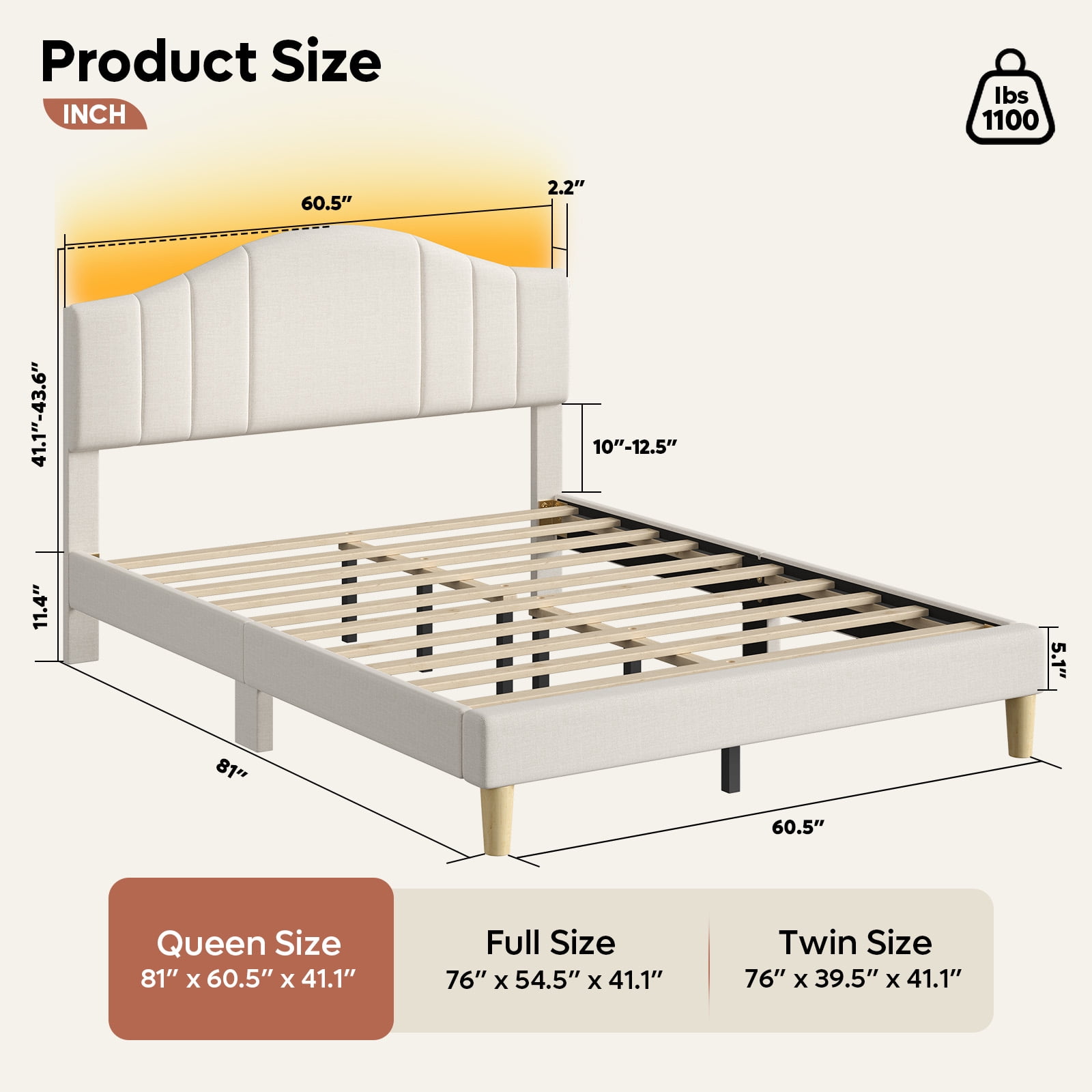Pinmoco Queen Upholstered Platform Bed with LED Headboard photo 6