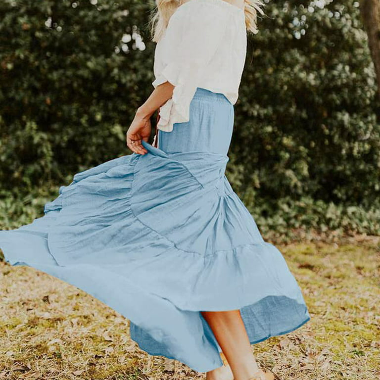 MRULIC skirts for women Women's Summer Elastic High Waist Boho Maxi Skirt  Casual Drawstring A Line Long Skirt Light blue + L 