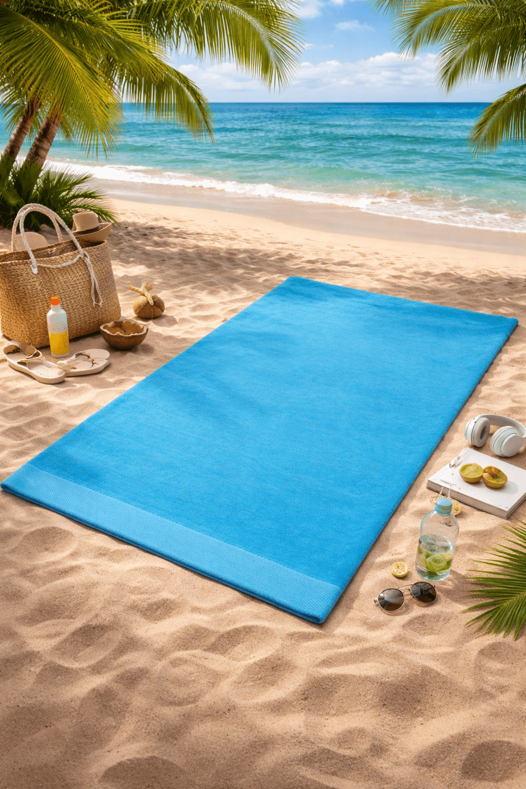 ELEGANI Jumbo Size Terry Dobby Hem Velour Beach Towel - 36 inch x 72 inch - Aqua