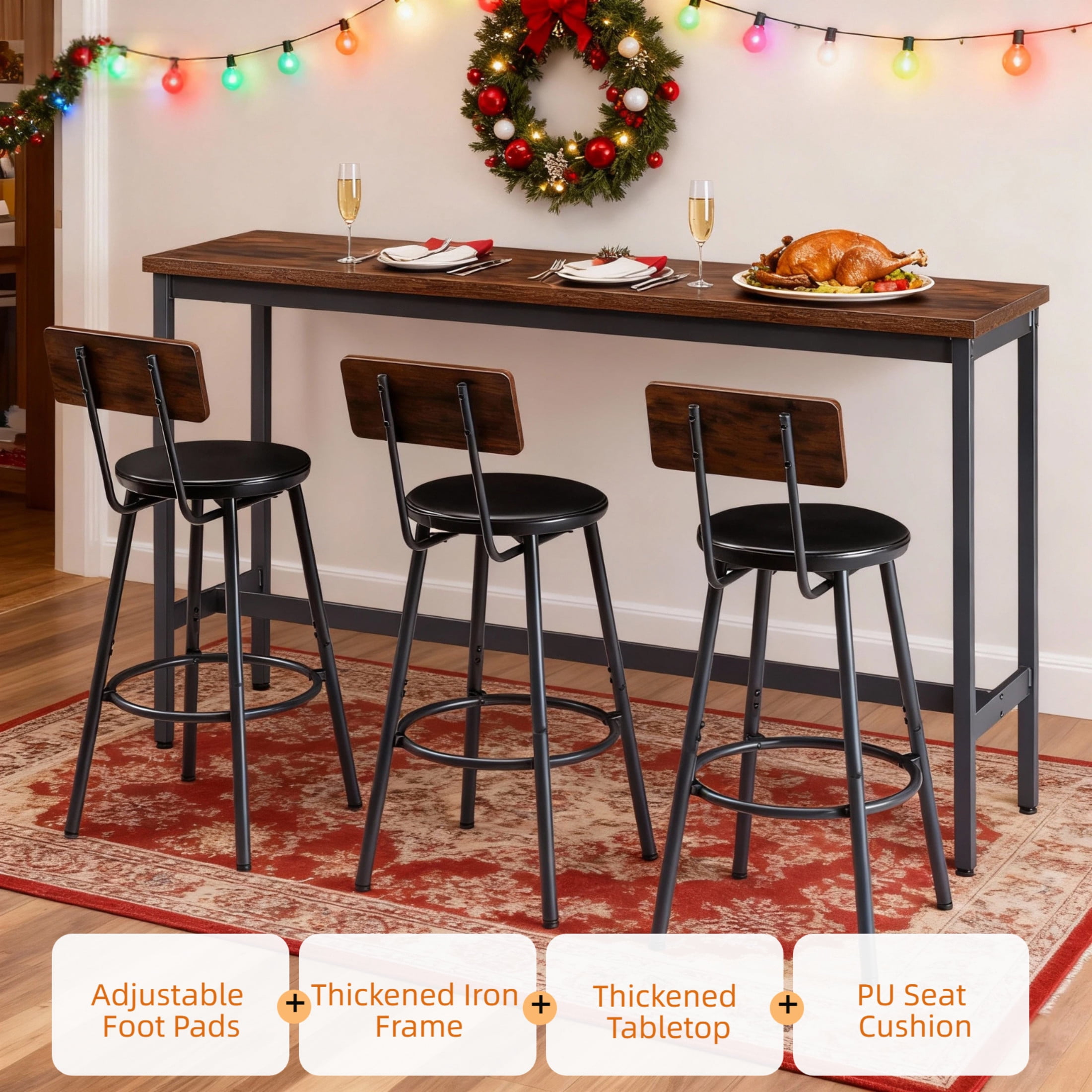 Noble House 4-Piece Industrial Bar Table and Chairs Set, Kitchen Dining Table with 3 Faux Leather Stools, Rustic Brown
