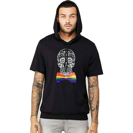 Short Sleeve Bow Tie - Men's Sugar Skull Rainbow Bow Tie Black Short Sleeve Hoodie T-Shirt Large Black