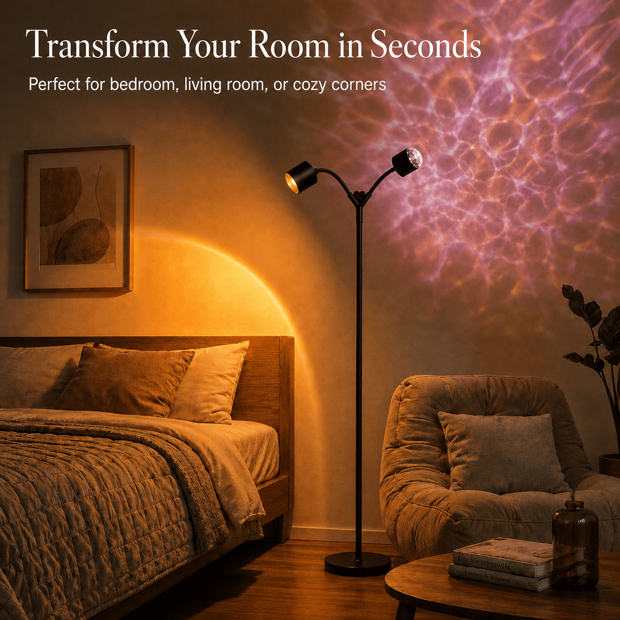 MEHOOM Double-Headed Floor Lamp , 360°Rotating Sunset Lamp Ambiance Comes with 7 Color Swatches, Modern Floor Stand Night Light for Living Rooms, Bedrooms & Offices